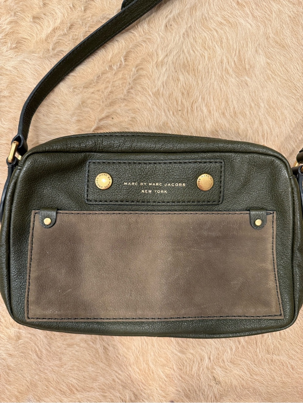 Marc by Marc Jacobs Olive Green Leather Crossbody with Brown Suede Pocket